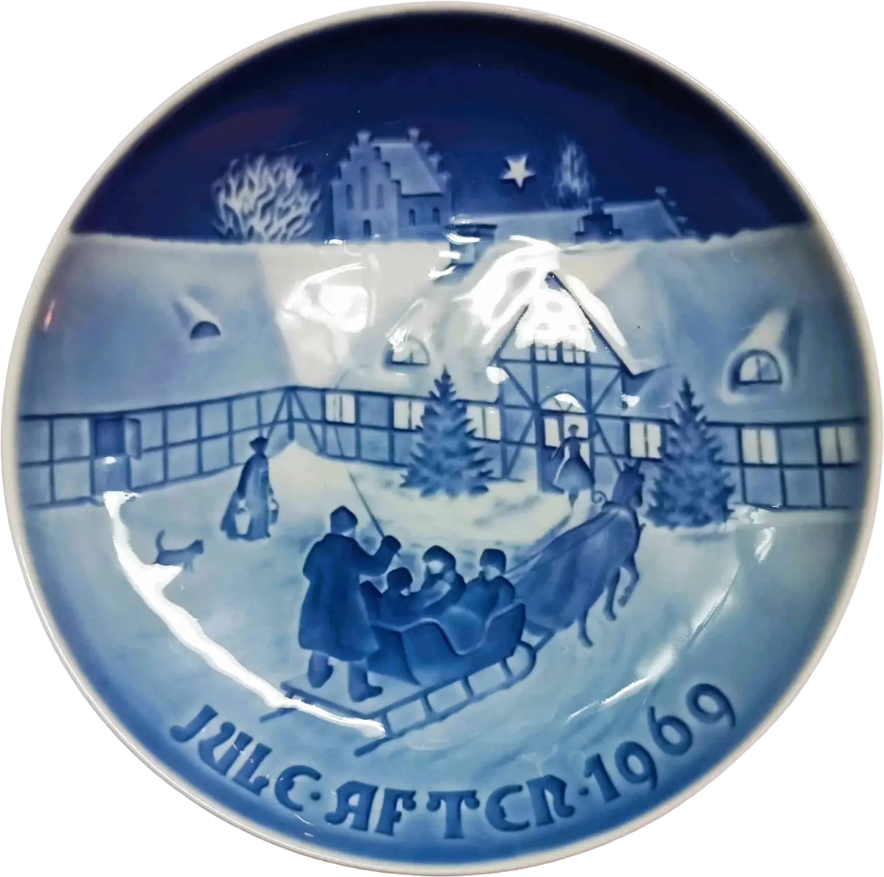 Piatto di Natale 1969 Bing & Grøndahl - 18 cm - L'arrivo degli ospiti di Natale - Henry Thelander - Bianco; Blu