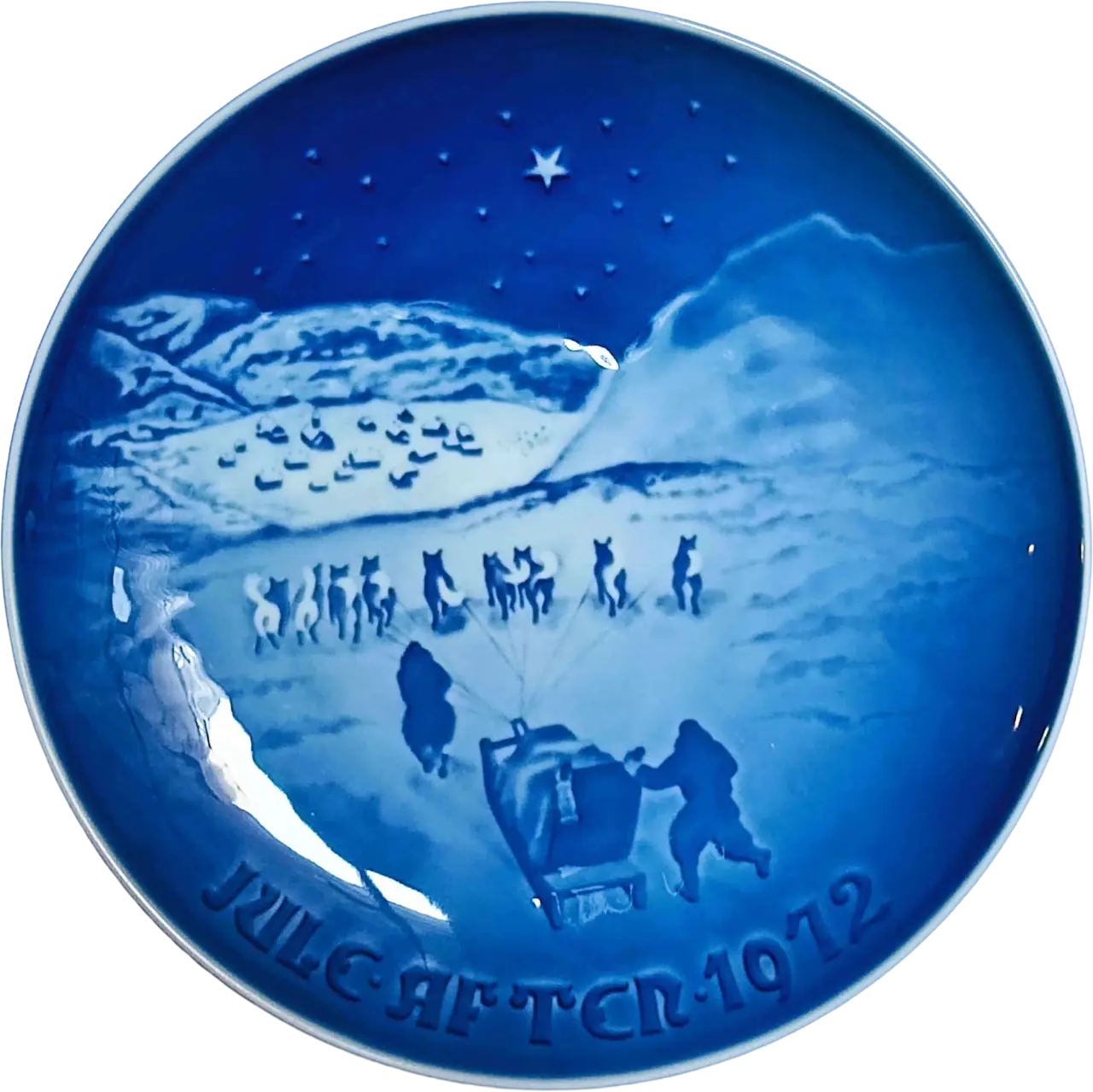 Piatto di Natale 1972 Bing & Grøndahl - 18 cm - Natale in Groenlandia - Henry Thelander - Bianco; Blu