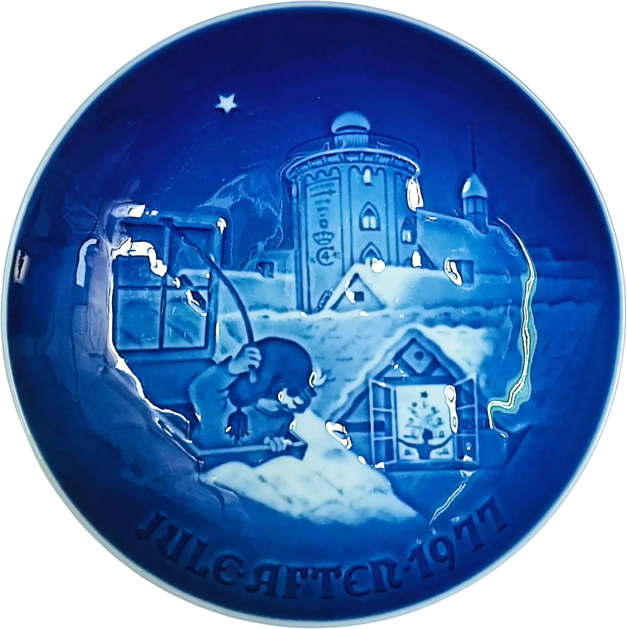 Piatto di Natale 1977 Bing & Grøndahl - 18 cm - Natale a Copenhagen - Henry Thelander - Bianco; Blu