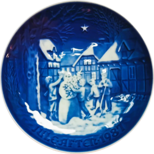 Piatto di Natale 1987 Bing & Grøndahl - 18 cm - L'uomo di Neve, Amico dei Bambini - Edvard Jensen - Bianco; Blu
