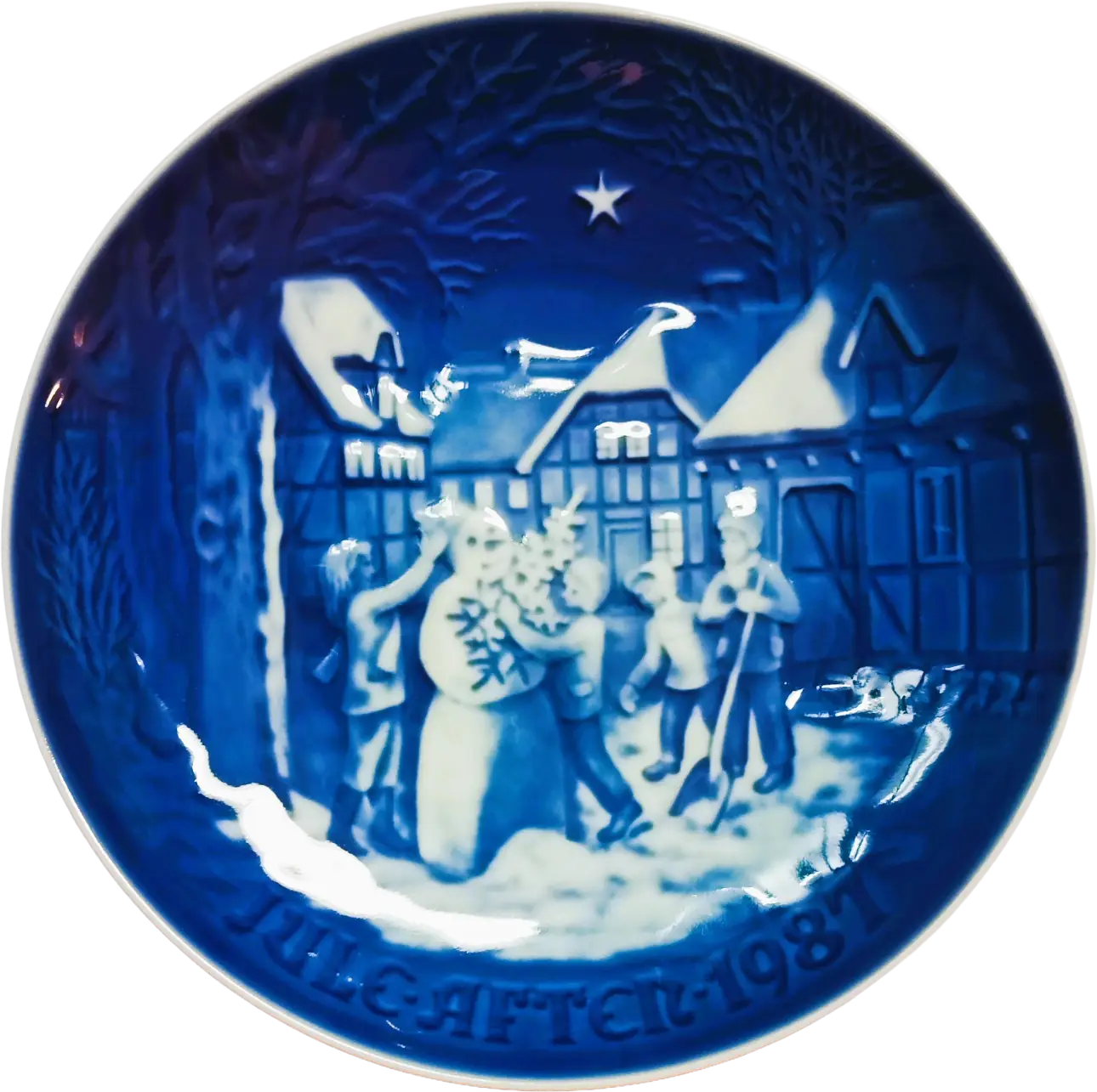 Piatto di Natale 1987 Bing & Grøndahl - 18 cm - L'uomo di Neve, Amico dei Bambini - Edvard Jensen - Bianco; Blu