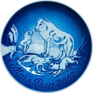 Piatto della Mamma 2007 Bing & Grøndahl - 15 cm - Volpe Artica con Cuccioli - Finn Clausen - Blu; Bianco