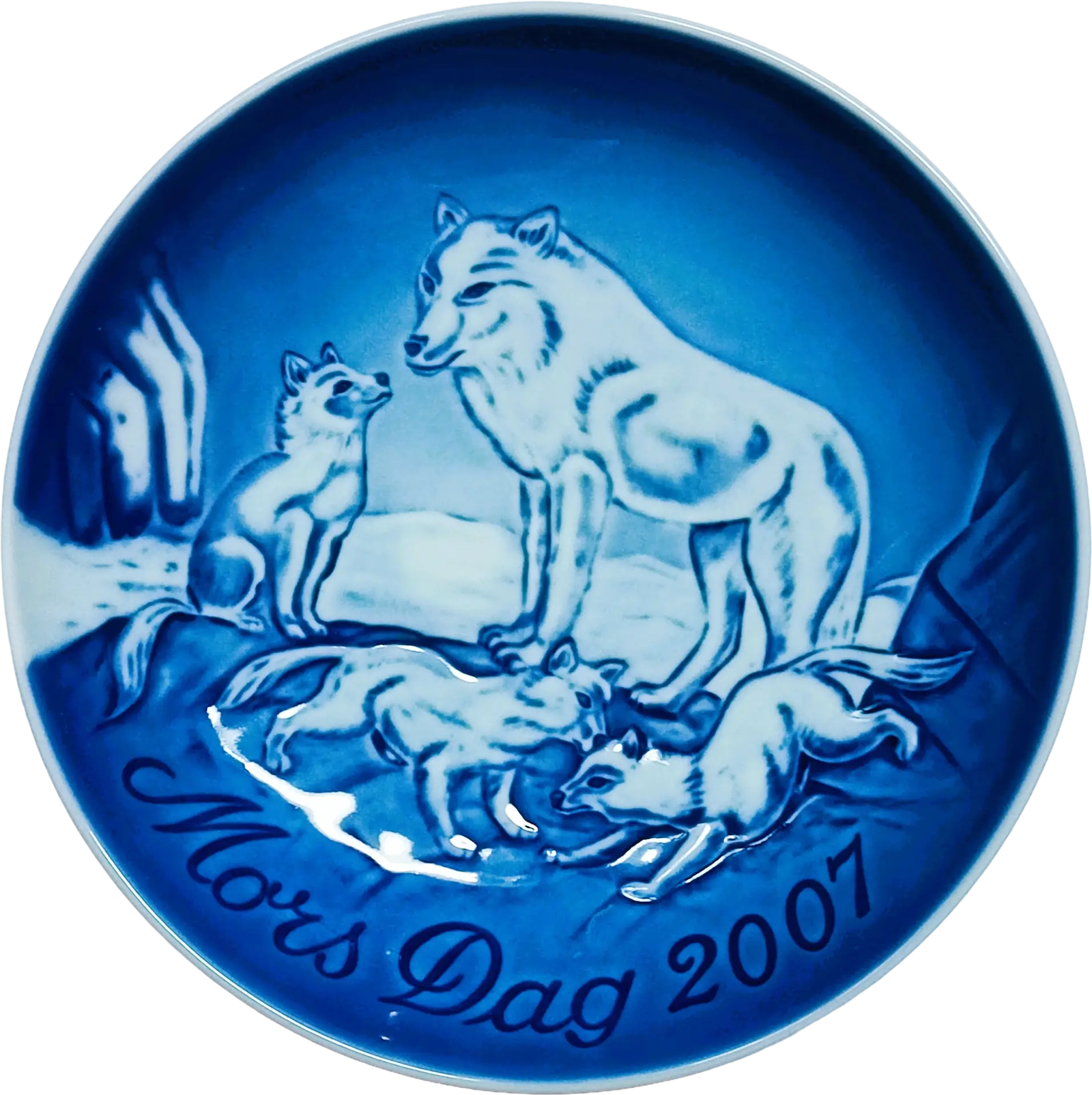Piatto della Mamma 2007 Bing & Grøndahl - 15 cm - Volpe Artica con Cuccioli - Finn Clausen - Blu; Bianco