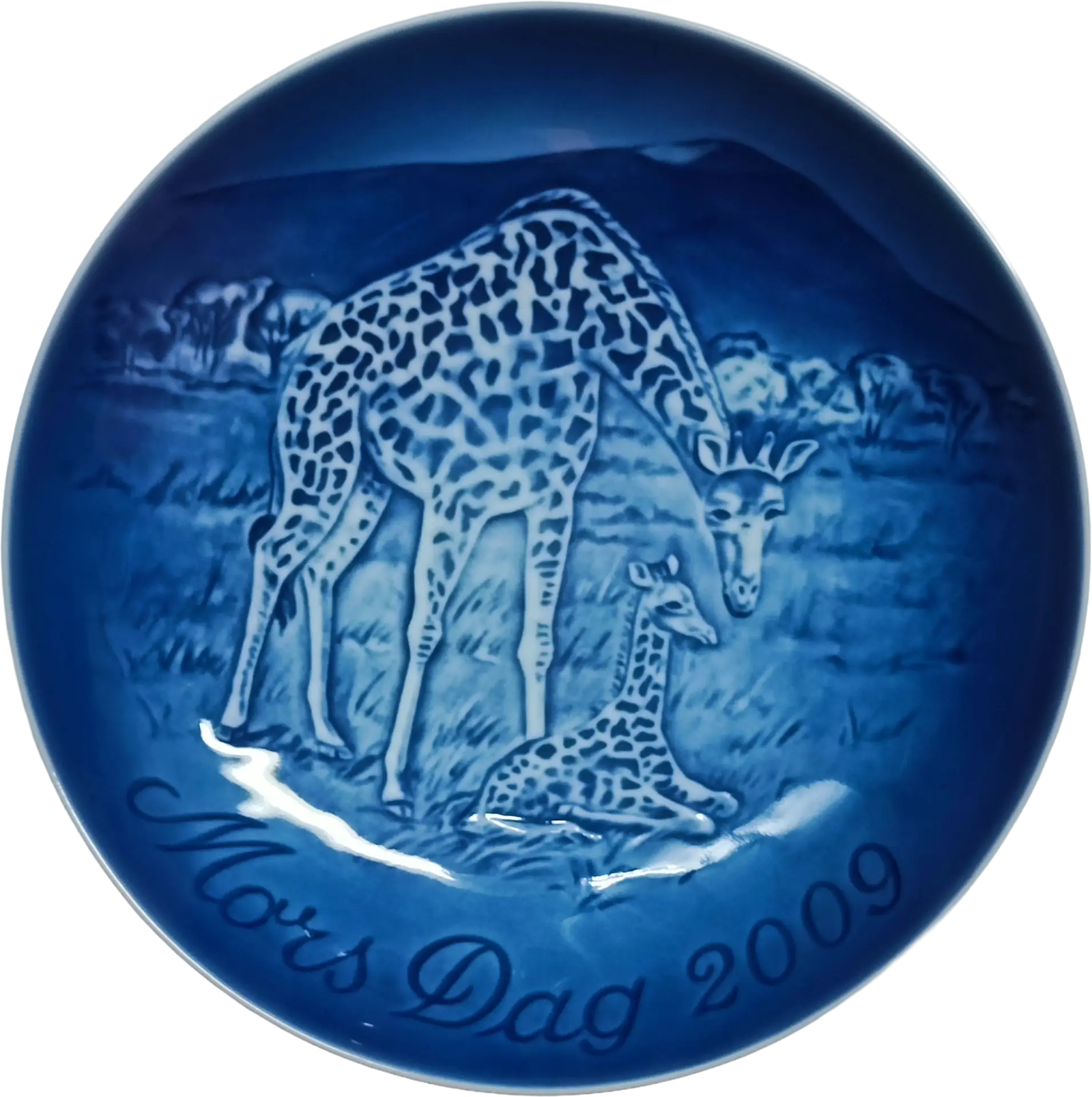 Piatto della Mamma 2009 Bing & Grøndahl - 15 cm - Giraffa con Piccolo - Finn Clausen - Blu; Bianco
