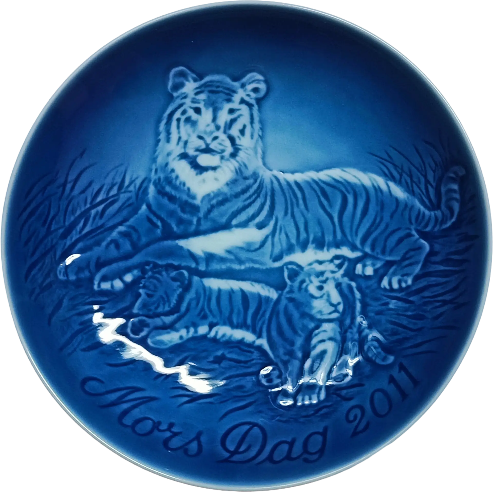 Piatto della Mamma 2011 Bing & Grøndahl - 15 cm - Tigre con i Cuccioli - Finn Clausen - Blu; Bianco