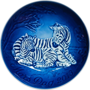 Piatto della Mamma 2013 Bing & Grøndahl - 15 cm - Zebra con Cuccioli - Allan Therkelsen - Blu; Bianco