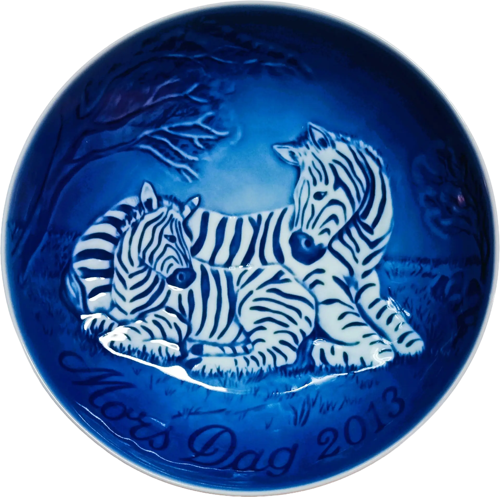 Piatto della Mamma 2013 Bing & Grøndahl - 15 cm - Zebra con Cuccioli - Allan Therkelsen - Blu; Bianco