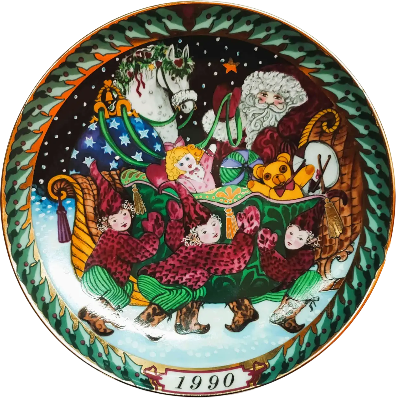 Il Piatto di Santa Claus 1990 Bing & Grøndahl - 20 cm - La Slitta di Santa Claus - Hans Henrik Hansen - Multicolore; Oro