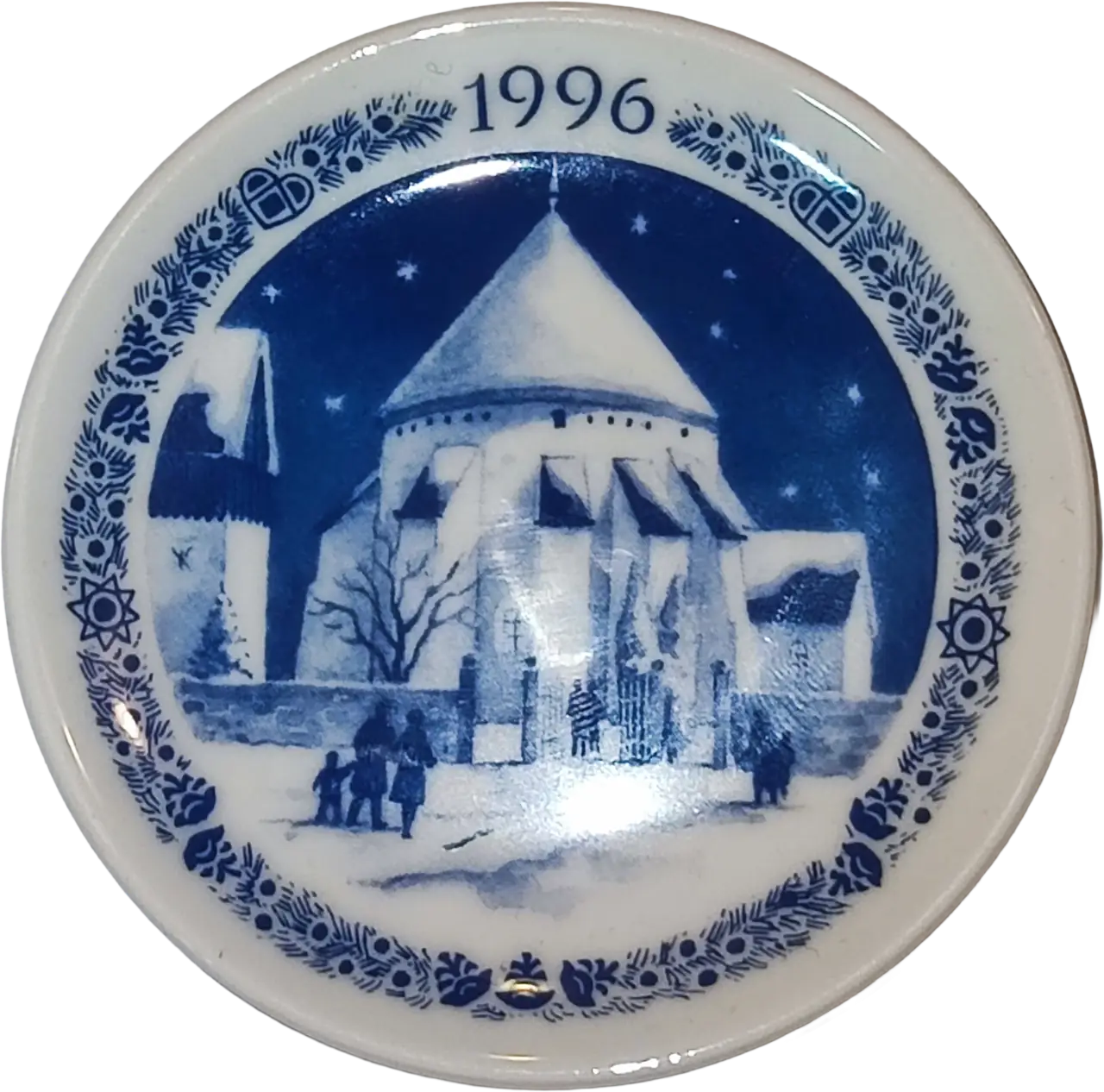 Placchetta di Natale 1996 Royal Copenhagen - 8 cm - Chiesa Rotonda di Østerlars - - - Blu; Bianco