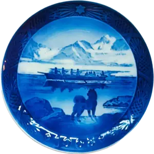 Piatto di Natale 1968 Royal Copenhagen - 18 cm - L'ultimo umiak in Groenlandia (uminak = barca a remi per donne) - Kaj Lange - Blu; Bianco
