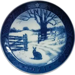 Piatto di Natale 1971 Royal Copenhagen - 18 cm - Lepre in inverno - Kaj Lange - Blu; Bianco