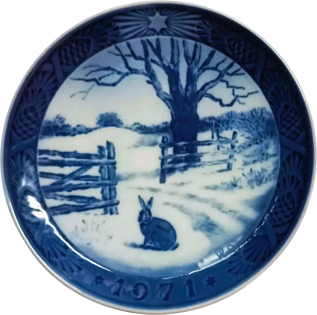 Piatto di Natale 1971 Royal Copenhagen - 18 cm - Lepre in inverno - Kaj Lange - Blu; Bianco