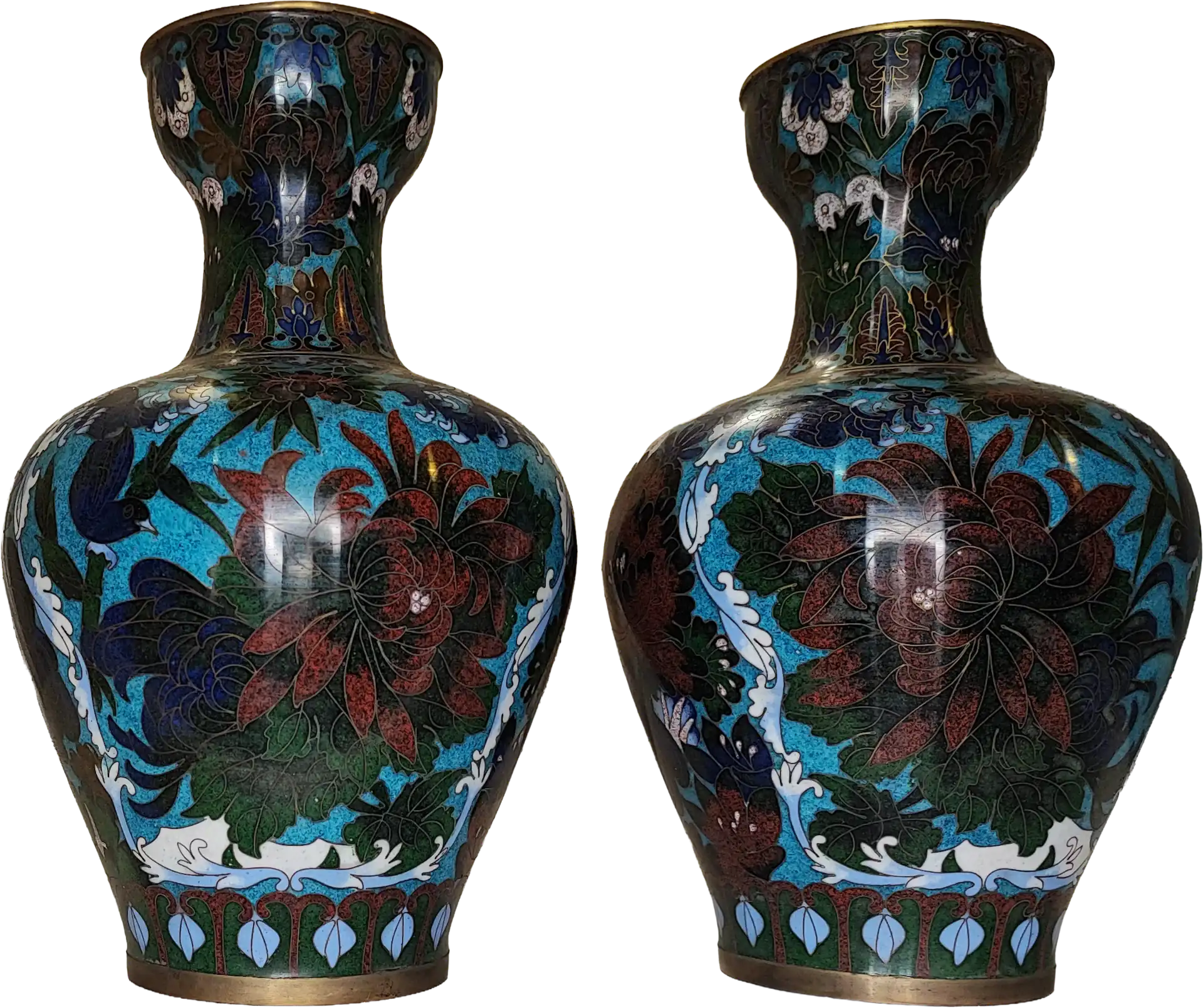 Vaso Cloisonné - Azzurro con Peonie e Basi in Legno (Coppia di Vasi) - immagine 6