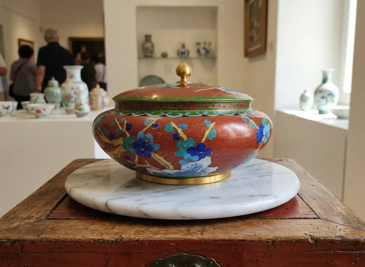 Vaso cloisonne cinese in smalto rosso con coperchio e decori floreali