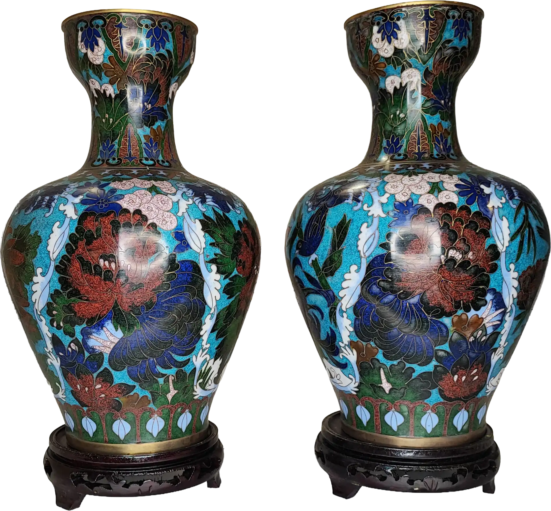 Vaso Cloisonné - Azzurro con Peonie e Basi in Legno (Coppia di Vasi) - immagine 7