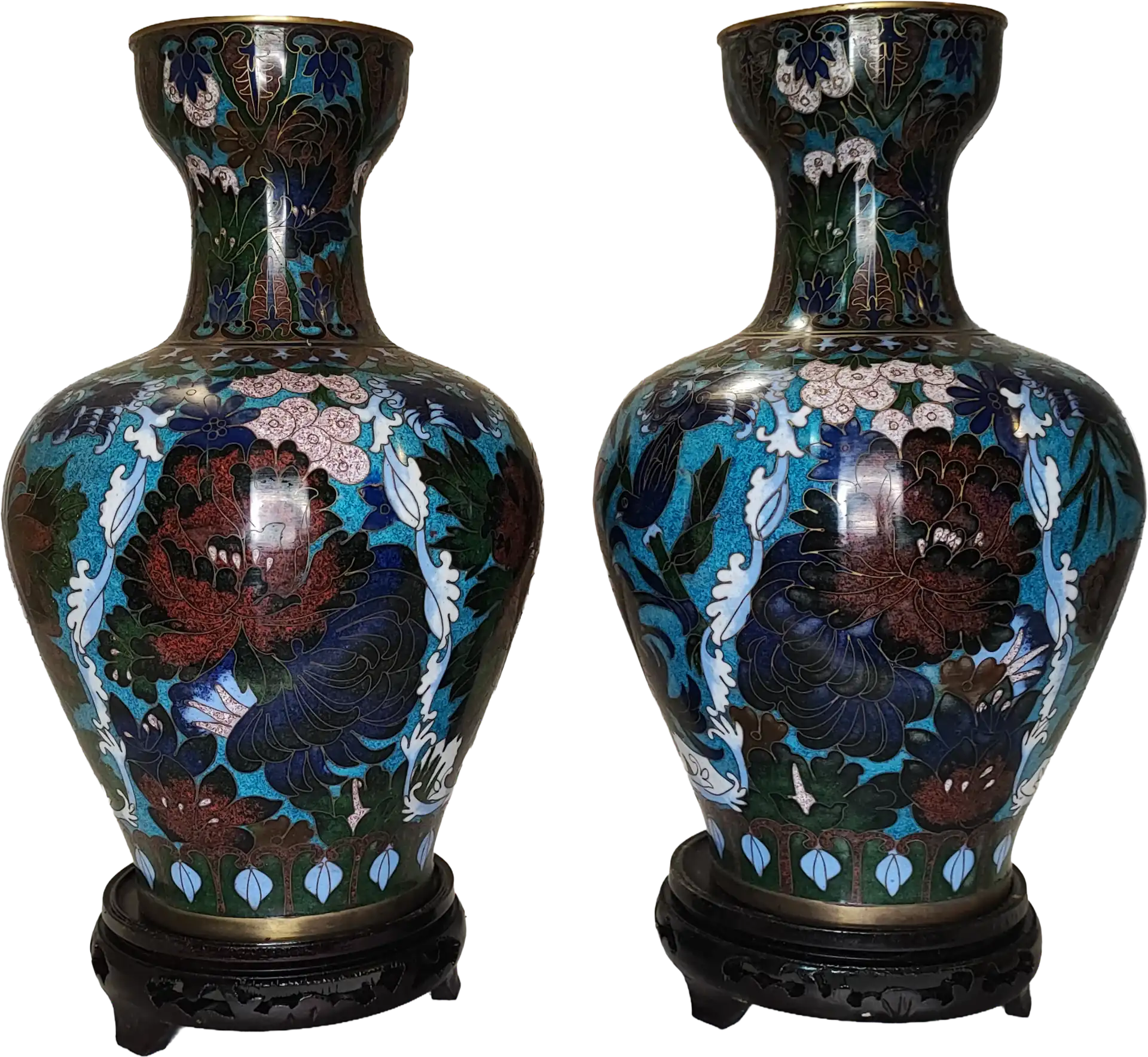 Vaso Cloisonné - Azzurro con Peonie e Basi in Legno (Coppia di Vasi) - immagine 4