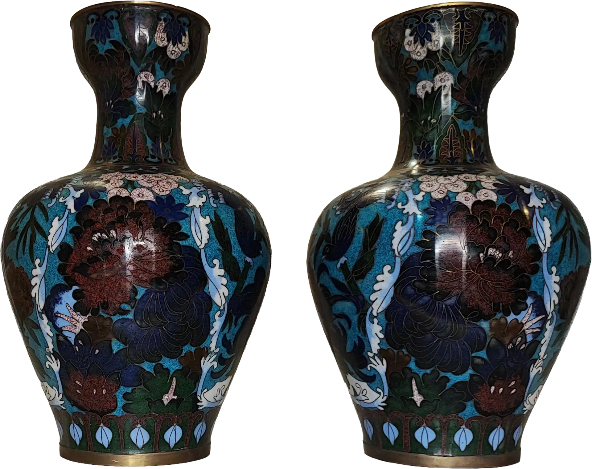 Vaso Cloisonné - Azzurro con Peonie e Basi in Legno (Coppia di Vasi) - immagine 2