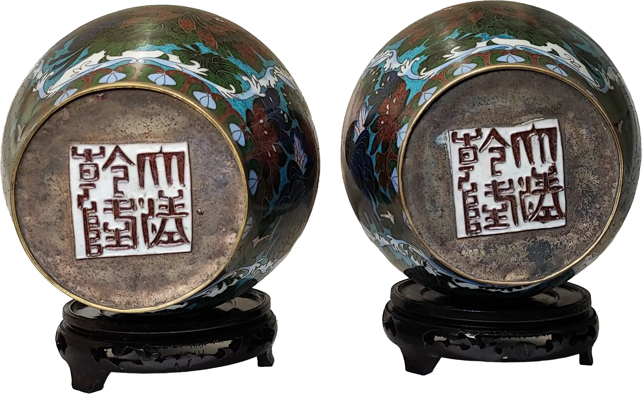 Vaso Cloisonné - Azzurro con Peonie e Basi in Legno (Coppia di Vasi) - immagine 3