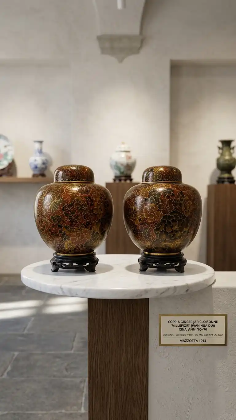 Vaso • Fiori • Millefiori - In Smalto Marrone • Cloisonne • Ginger Jar (Coppia) - immagine 2