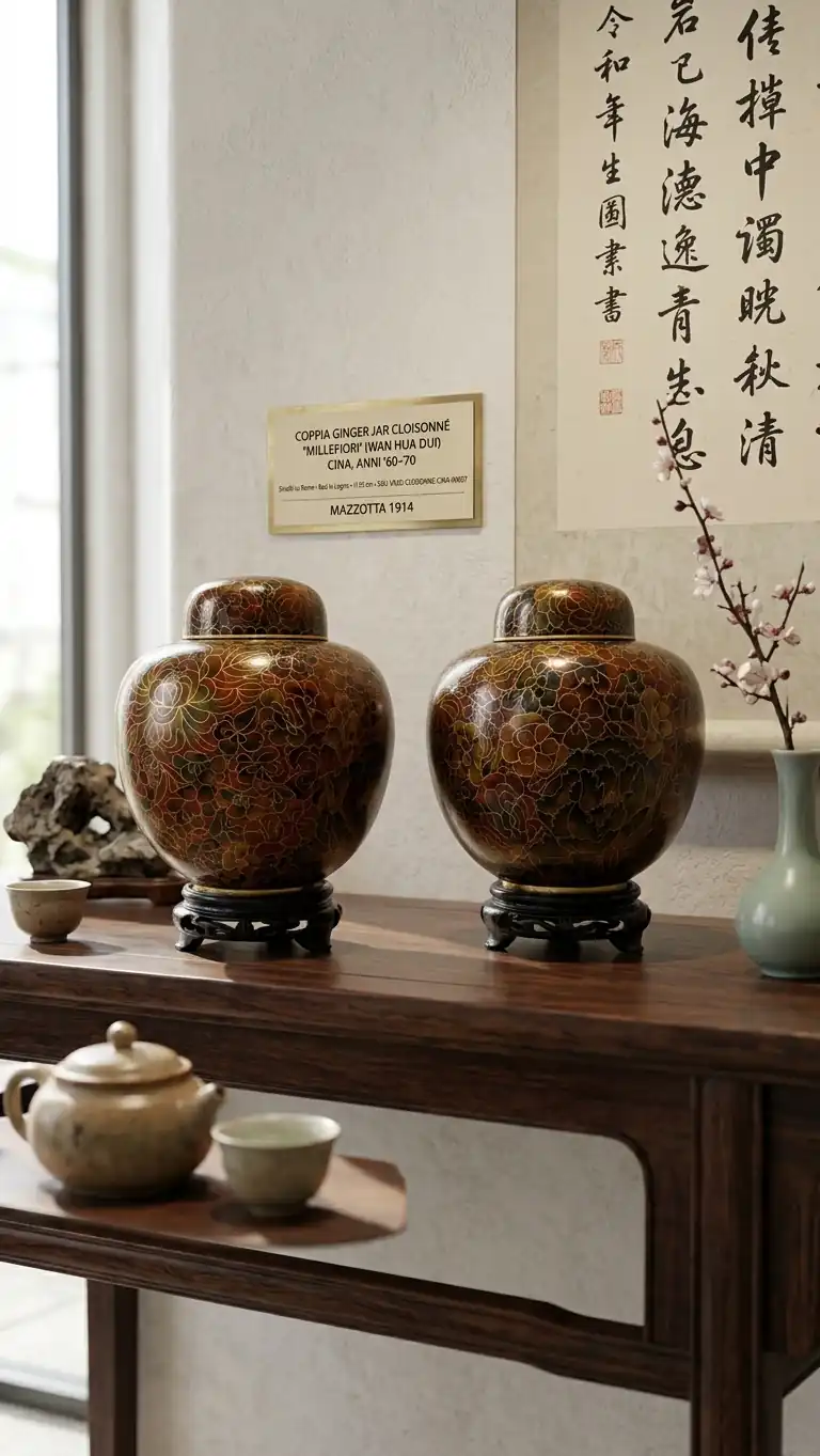 Coppia di vasi Ginger Jar cloisonne marrone terra di siena con decoro Millefiori esposti su un mobile in legno scuro in un ambiente raffinato d'ispirazione orientale.