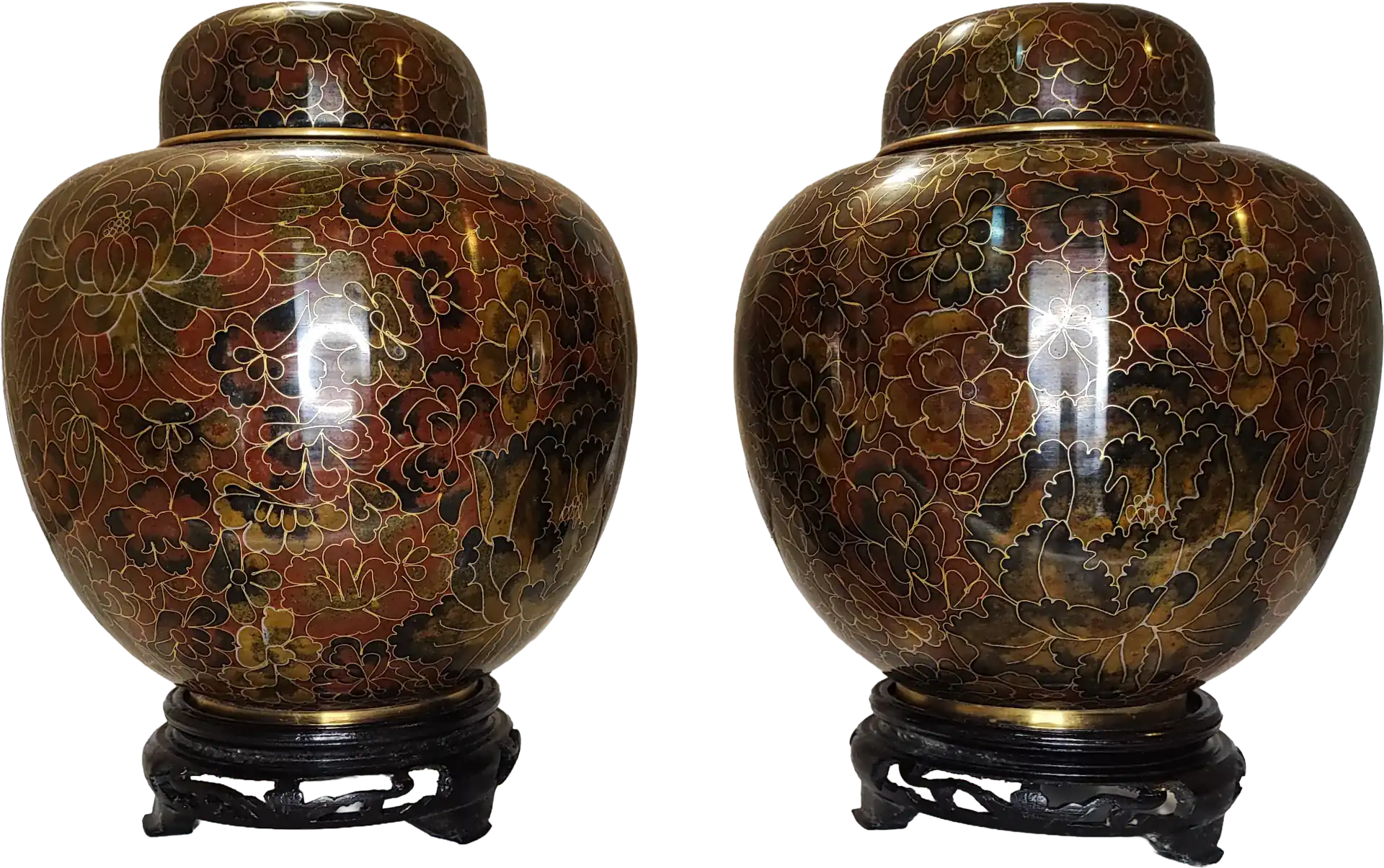 Vaso • Fiori • Millefiori - In Smalto Marrone • Cloisonne • Ginger Jar (Coppia) - immagine 4