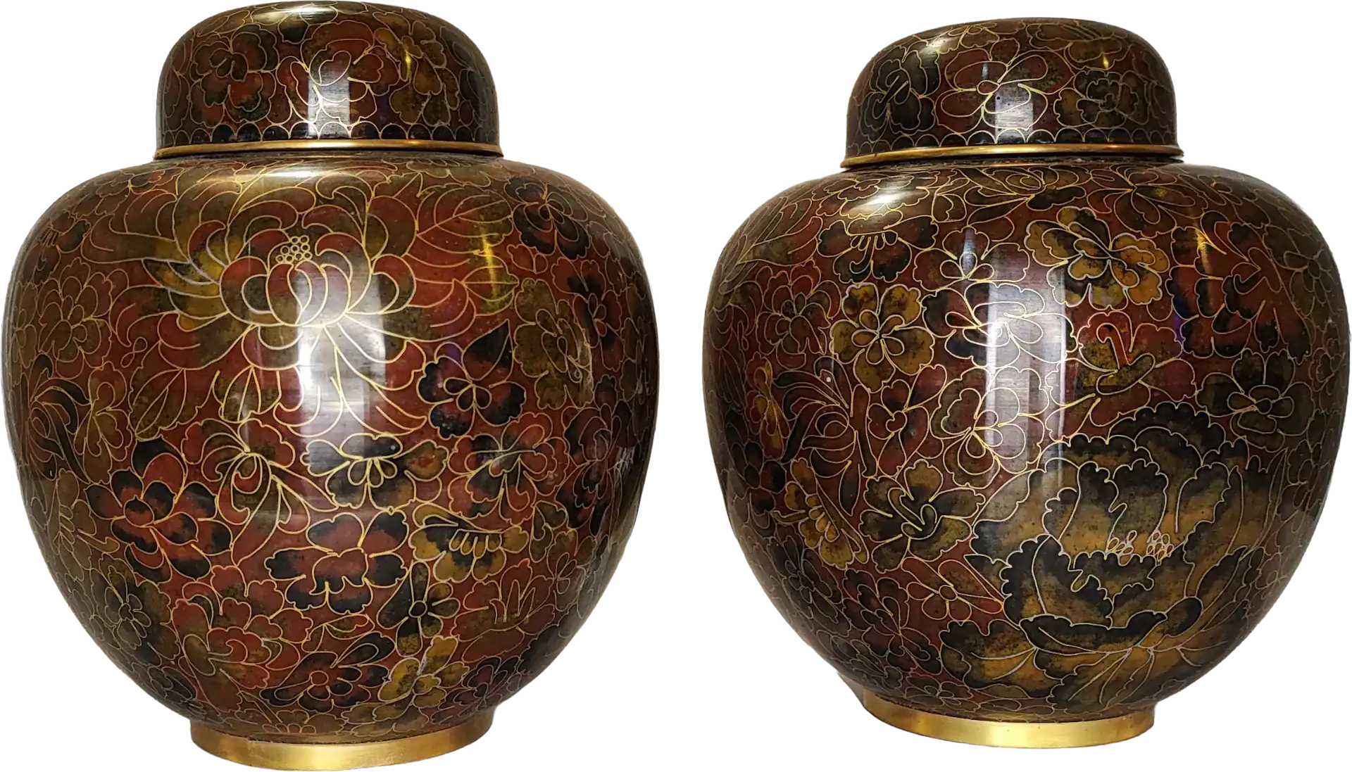 Vaso • Fiori • Millefiori - In Smalto Marrone • Cloisonne • Ginger Jar (Coppia) - immagine 3