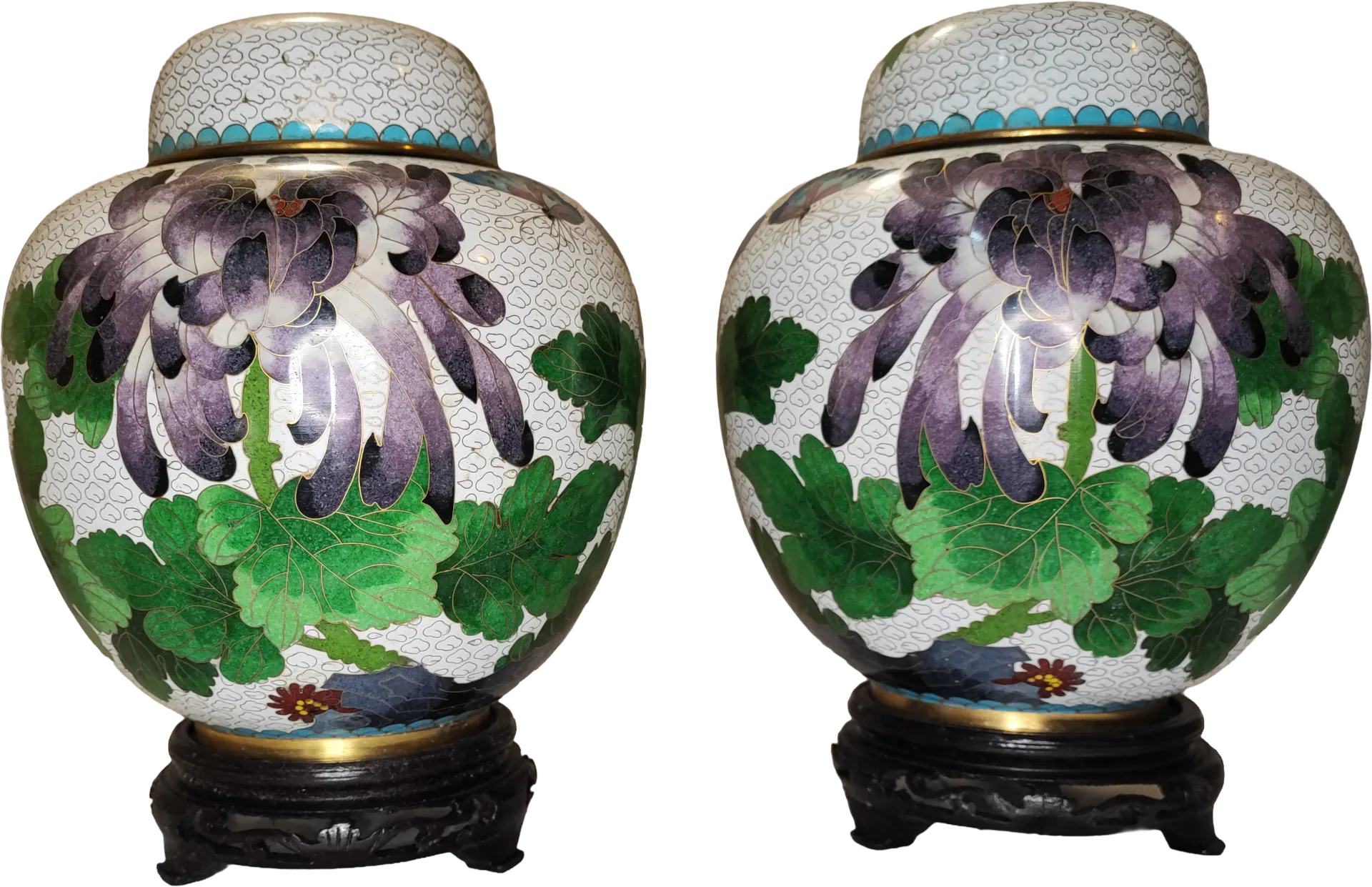 Vaso • Fiori • Nuvole a spirale - In Smalto Bianco • Cloisonne • Ginger Jar (Coppia) - immagine 2