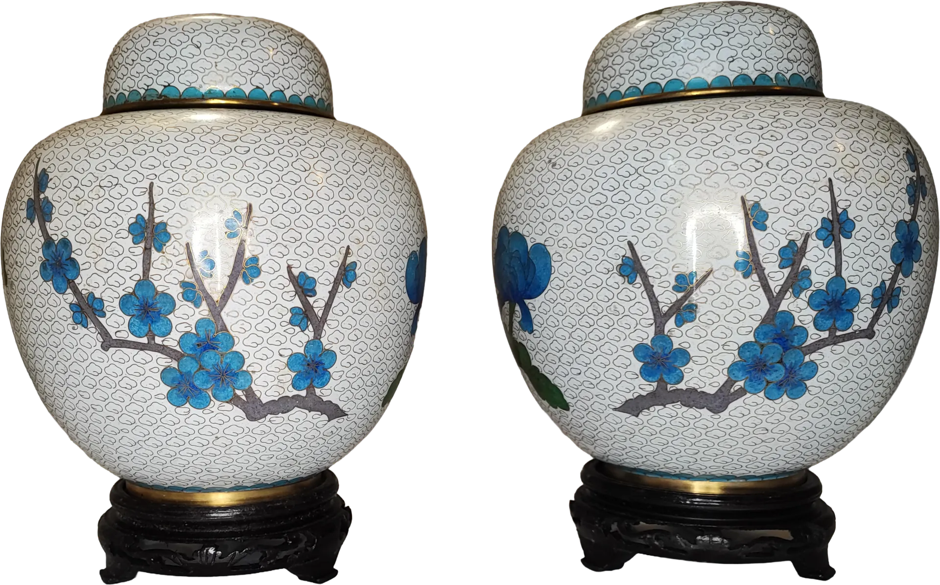 Vaso • Fiori • Nuvole a spirale - In Smalto Bianco • Cloisonne • Ginger Jar (Coppia) - immagine 3