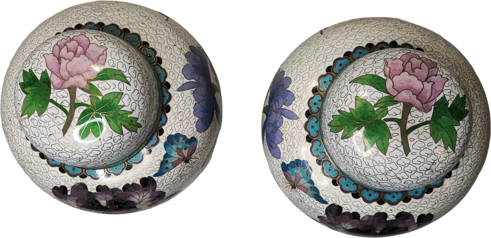Vaso • Fiori • Nuvole a spirale - In Smalto Bianco • Cloisonne • Ginger Jar (Coppia) - immagine 5