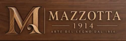 Targa d'insegna in legno di noce finemente intagliato con la scritta "MAZZOTTA 1914 - ARTE DEL LEGNO DAL 1914" e monogramma "M" ornamentale.